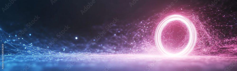 Poster Vibrant, glowing circular light effect against a dark background with sparkling particles.