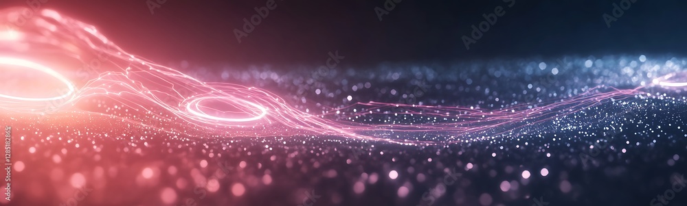 Poster abstract colorful wave with glowing particles on a dark background.