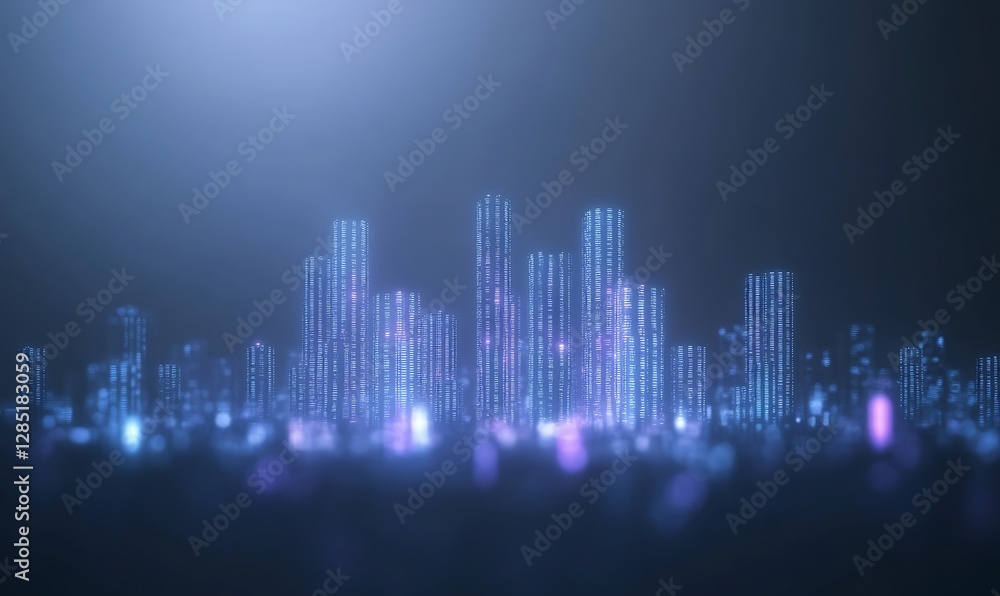 Aufkleber Futuristic cityscape with illuminated digital elements in a dark environment.
