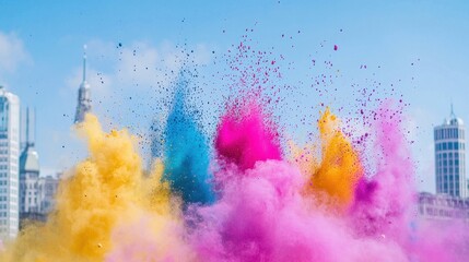 Obraz premium Colorful powder explosion during outdoor festival with vibrant hues of blue, pink, yellow, and orange against a clear urban skyline backdrop