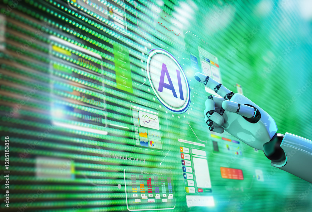 Poster ai technology with humanoid robot with hud graphic interface