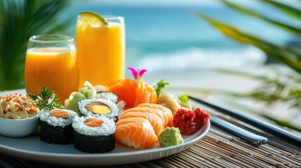 Vibrant Plate of Sushi and Fresh Juices with Ocean Background on a Sunny Day at a Tropical Beach Resort