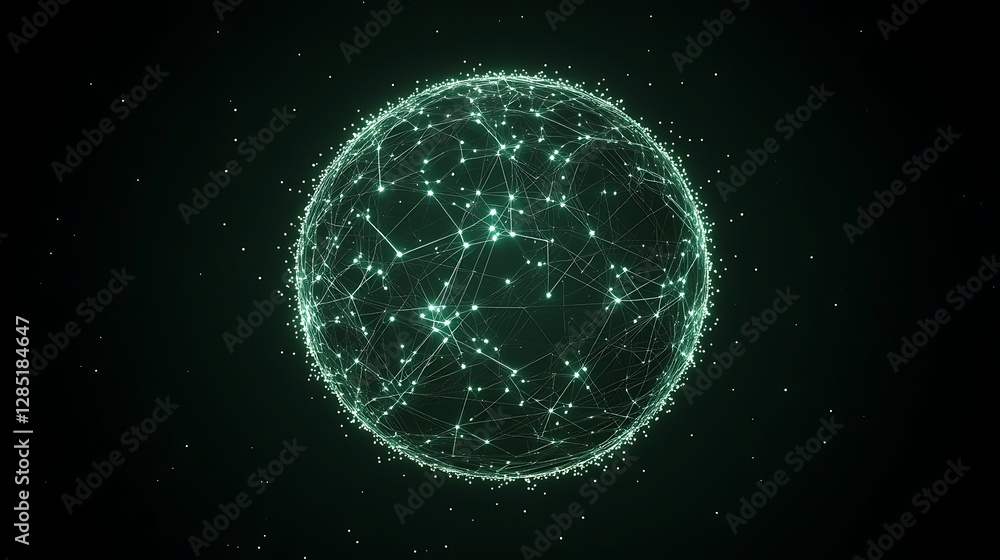 Poster digital representation of a glowing spherical network with interconnected nodes and particles.