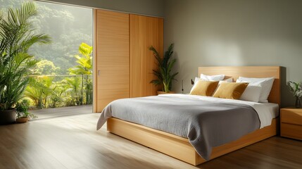 Modern Minimalist Bedroom Design with Light Wood Furniture and Lush Balcony View