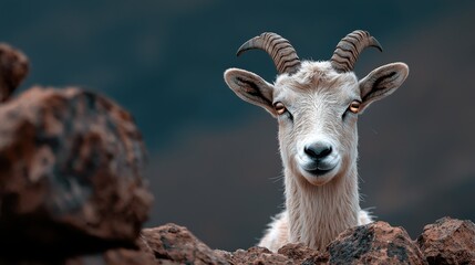 Obraz premium Curious Mountain Goat Peering Over Rocks in Natural Habitat, Capturing the Beauty of Wildlife with Soft Focus and Vibrant Colors