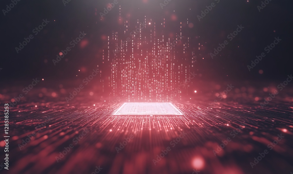 Poster abstract digital landscape with glowing data streams in a vibrant red hue.