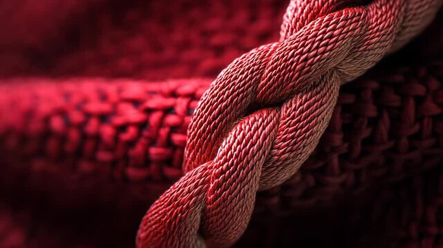 Close-up of crimson rope intertwined with crimson knitted fabric