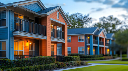 Colorful apartment complex at twilight