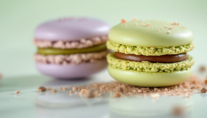 Fototapeta premium Two delicious colorful macarons are displayed against a light background