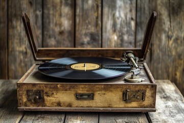 Nostalgic listening experience with a dusty old vinyl record player rustic setting analog music vintage vibe warm atmosphere captured in soft natural light