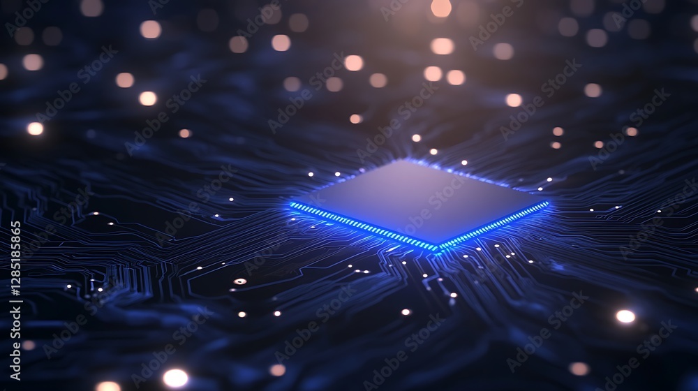 Poster Futuristic microchip surrounded by glowing particles on a dark background.