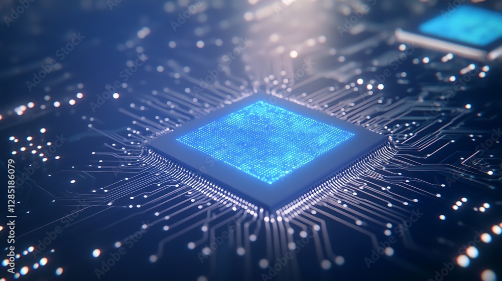 Poster Close-up of a blue microchip on a circuit board, highlighting technology and innovation.