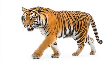 Obraz premium Striking Tiger Walking with Intense Gaze on White Background