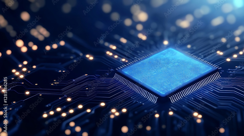 Poster futuristic blue microchip on a circuit board surrounded by glowing lights.