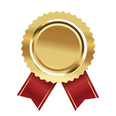 Blank gold medal with red ribbon, empty golden stamp luxury seal, winner awards symbol vector illustration