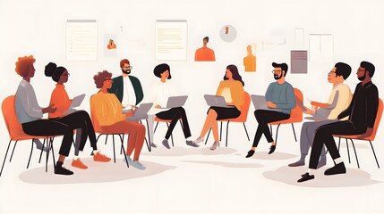 Diverse professionals engaging in discussion, group brainstorming session in a bright, modern workspace with casual seating.