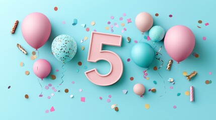 Colorful Party Scene with Number Five Balloon, Pastel Balloons, Confetti, and Festive Decorations for Birthday Celebration or Special Event
