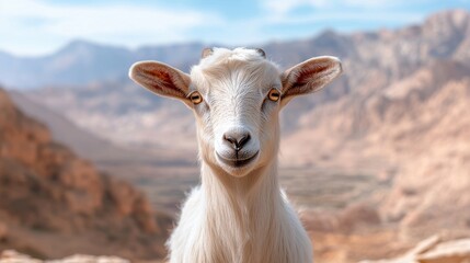 Fototapeta premium Close-up Portrait of a Happy Goat in a Rocky Landscape Against a Blurred Natural Background Under Bright Blue Sky with Soft Clouds