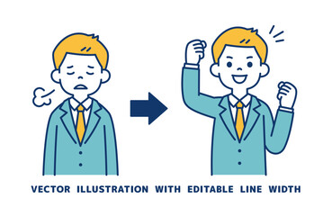疲れた表情と元気になった表情の、若いビジネスマンのベクターイラスト素材＿線幅の編集可能
