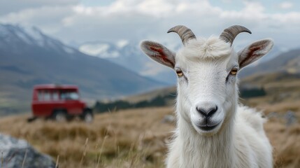 Obraz premium Curious Goat Standing in a Scenic Mountain Landscape with a Vintage Red Vehicle in the Background Under a Sky Filled with Soft Clouds