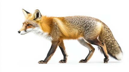 Fototapeta premium Realistic Red Fox Walking on White Background with Natural Colors