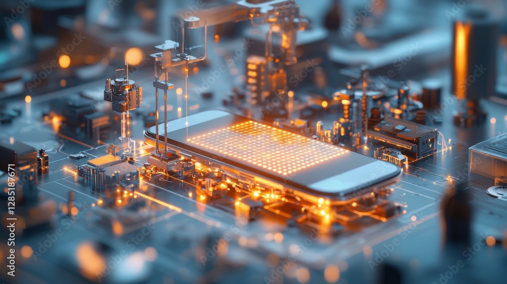 Aufkleber innovative manufacturing process for smartphone components in high-tech factory digital environment 