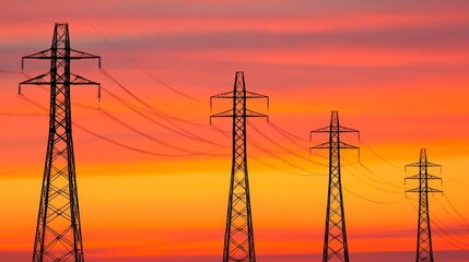 Power Lines Silhouetted Against a Vibrant Sunset Sky
