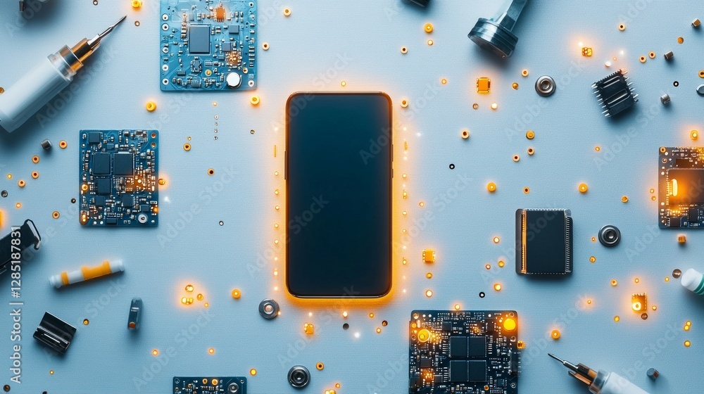 Poster technology showcase innovative smartphone surrounded by circuit boards and tools digital workshop hi