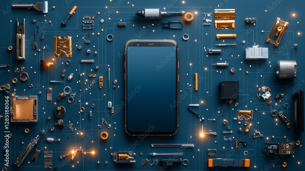 Poster innovative mobile device assembly on circuit board technology workshop electronic components blue ba
