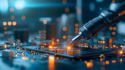 Precision engineering process high-tech laboratory macro photography futuristic environment close-up view circuit board activation