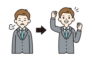 疲れた表情と元気になった表情の、若いビジネスマンのベクターイラスト素材＿線幅の編集可能＿カラー