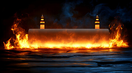 Fiery Platform with Towers in Smoky Dark Background