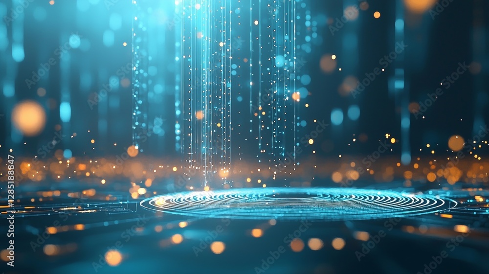 Poster illuminated data stream flowing from a circular source digital realm abstract visualization futurist