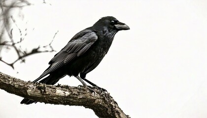 Obraz premium Crow relaxing on a tree, isolated white background, copy space