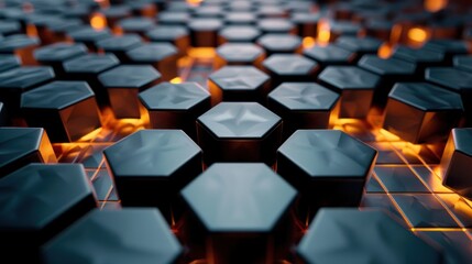 Obraz premium Abstract Dark Hexagon Pattern Background with Orange Glowing Lights