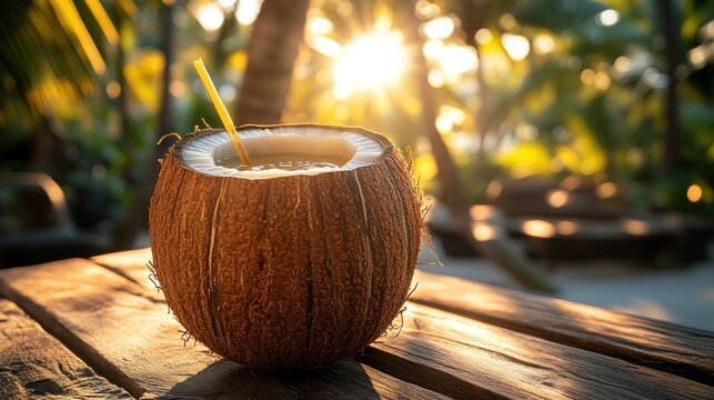 Tropical coconut cocktail at sunset, beachside
