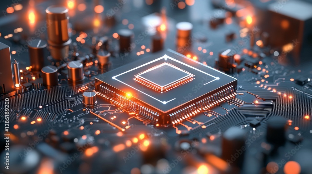 Poster exploring technological advancements in processor design digital circuit boards high-resolution imag