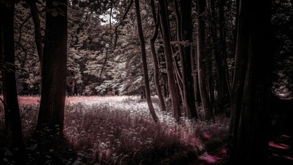 Naklejka premium A serene forest scene with tall trees and a light-filled meadow, creating a peaceful, magical atmosphere.