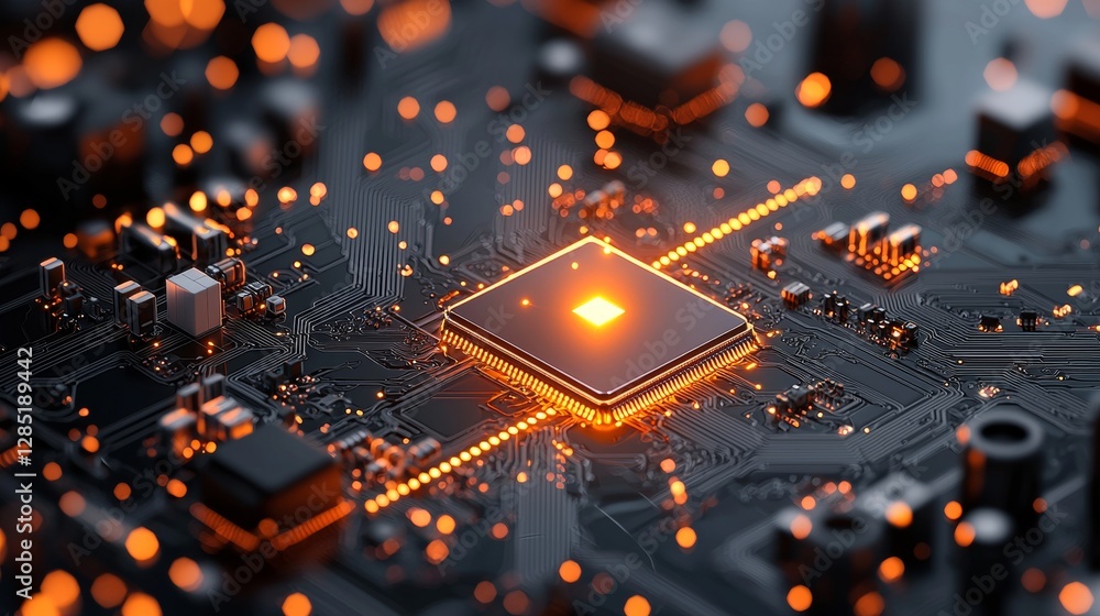 Poster innovative technology action of a central processing unit on a circuit board digital environment clo