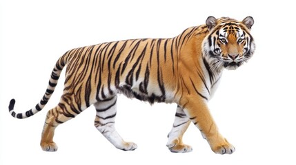 Obraz premium Majestic Tiger Walking Gracefully Against White Background