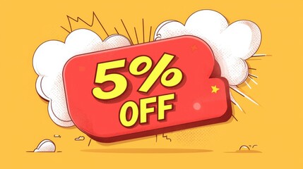 Bright Yellow Background Featuring Bold Red Discount Banner with Text 5 Percent Off and Comic Style Elements for Sale Promotions and Special Offers