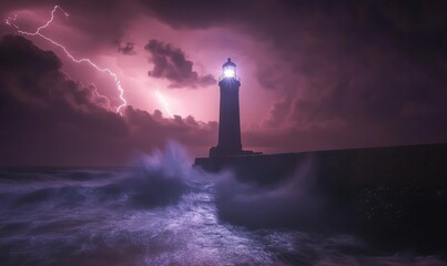 dramatic stormy night with lightning illuminating an ancient lighthouse standing tall against crashing waves, Generative AI