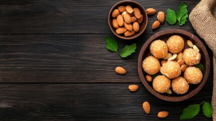 Fototapeta premium Delicious round sweets made from nuts and coconut, beautifully arranged in a wooden bowl on a rustic wooden table, with fresh green leaves accenting the scene