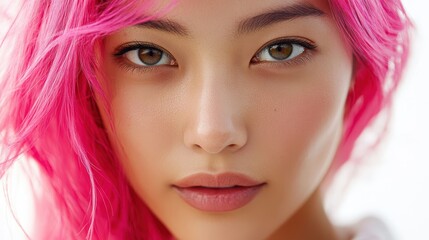 Naklejka premium Young woman with vibrant pink hair and captivating gaze close-up