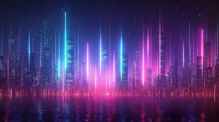 Futuristic city skyline illuminated with vibrant neon lights reflecting on water