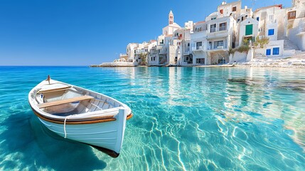 Serene Coastal Village with Crystal-Clear Turquoise Waters and a Whitewashed Boat: A Picturesque Summer Vacation Destination