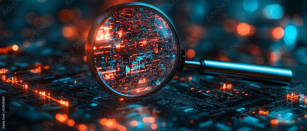 Poster digital business technology scene with magnifying glass zooming in on a glowing chart