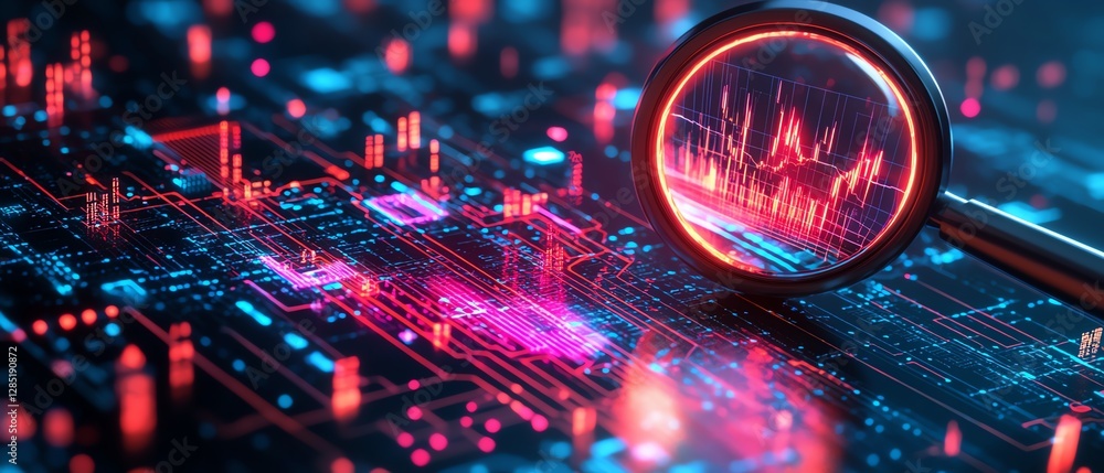 Poster digital illustration of a futuristic tech scene with a magnifying glass zooming in on a glowing char
