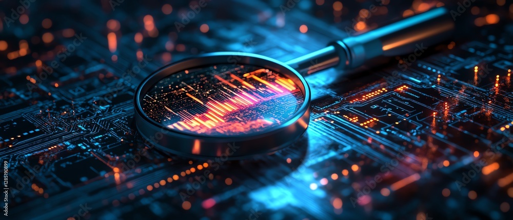 Poster digital illustration of a futuristic tech scene with a magnifying glass zooming in on a glowing char