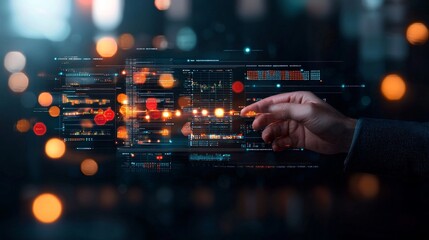 Analyzing data trends using advanced touch interfaces tech hub digital interaction futuristic environment close-up view data visualization concepts